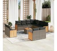Juego de muebles de jardín de 12 piezas con cojines, ratán polirratán gris, ocio modular con encimera de acacia y almacenamiento impermeable
