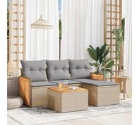 Juego de muebles de jardín de 5 piezas con cojines, ratán sintético beige, ocio modular para terraza con tablero de madera de acacia y fundas extraíbles para lavar