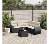 Juego de muebles de jardín de 6 piezas con cojines, polirratán negro, muebles de jardín modulares con tapa de cristal y fundas de lavado extraíbles