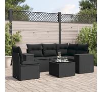 Juego de muebles de jardín de 6 piezas con cojines, ratán negro con tapa de cristal y almacenamiento impermeable