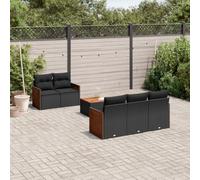 Juego de muebles de jardín de 6 piezas, polirratán negro, modular con tablero de madera de acacia, cómodos asientos con cojines gruesos, fundas extraíbles y lavables,