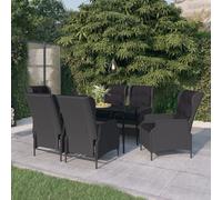 Juego de muebles de jardín de 7 piezas + vajilla de jardín resistente a la intemperie + ratán de polietileno gris oscuro con función reclinable + estructura de acero con recubrimiento en polvo + placa