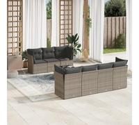 Juego de muebles de jardín de 8 piezas con cojines, gris polirratán con tapa de cristal y almacenamiento