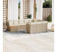 Juego de muebles de jardín de polirratán beige con cojines y espacio de almacenamiento impermeable, muebles de jardín modulares, tablero de madera de acacia, fundas lavables extraíbles