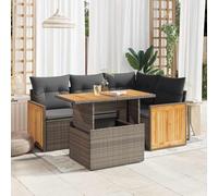 Juego de muebles de jardín de polirratán de 5 piezas, cojines de acacia, muebles de patio modulares, almacenamiento impermeable y fundas extraíbles