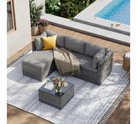 Juego de muebles de jardín de ratán Aoxun de 3 piezas, juego de sofá esquinero para todo tipo de clima con cojines gruesos y mesa de centro de vidrio templado, asientos modulares ajustables para patio