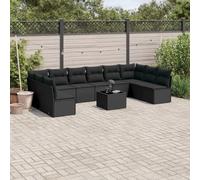 Juego de muebles de jardín de ratán de polietileno de 11 piezas, sofá de jardín negro con cojines y tapa de cristal, mueble de almacenamiento modular y bolsa impermeable, fundas lavables extraíbles.