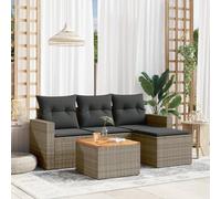Juego de muebles de jardín de ratán gris PE de 5 piezas, muebles de jardín modulares con cojines y tablero de madera de acacia, cómodos asientos extraíbles y lavables