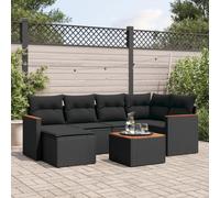 Juego de muebles de jardín de ratán PE negro de 7 piezas, mesa de jardín con tablero de acacia, cojines modulares para muebles de jardín y almacenamiento impermeable