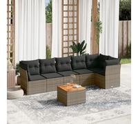 Juego de muebles de jardín modular de ratán PE gris de 7 piezas, con cojines y almacenamiento impermeable, mesa de acacia