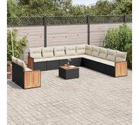 Juego de muebles de jardín modulares de polirratán con cojines, color negro, con tablero de madera de acacia, fundas extraíbles y lavables