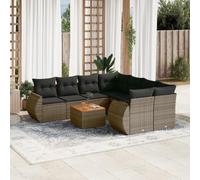 Juego de muebles de jardín modulares de polirratán en color gris con cojines y mesa de madera de acacia, amplio espacio de almacenamiento bajo el asiento