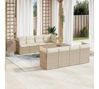 Juego de muebles de jardín modulares de ratán beige de 9 piezas, mesa con tablero de acacia, bolsa de almacenamiento impermeable, fundas de lavado desmontables