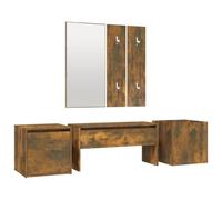 Juego de muebles de pasillo de roble ahumado de madera multicapa con banco | Madera multicapa, acrílico, banco de 80 x 30,5 x 40 cm, espejo de 39 x 80 cm, perchero, maceta, capacidad 110 kg