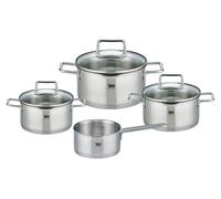 Juego de ollas ELO Smart Steam, fabricado en acero inoxidable de alta calidad 18/10, de 7 piezas, con diámetros de 16 a 24 cm, incluye tapas de vidrio y es apto para todo tipo de cocinas