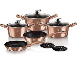 Juego de ollas Granit Koch Topf Set, 10 piezas, color rosa metalizado, línea BERLINGERHAUS, modelo BH-1220
