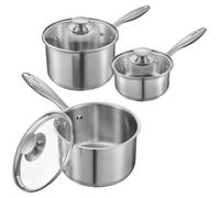 Juego de ollas VEVOR (0,95 + 1,89 + 2,84 L) con tapa de vidrio, juego de ollas para sopa y verduras con asa ergonómica, olla de acero inoxidable para leche y verduras, color plateado, apta para lavava