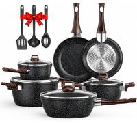 Juego de ollas y sartenes para inducción, juego de 13 piezas de utensilios de cocina de granito antiadherente, que incluye sartenes, ollas y cacerolas pequeñas, con tapas de vidrio, sin PFAS ni PFOA, 