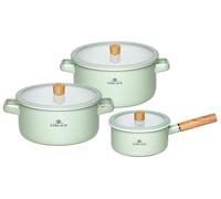Juego de ollas y sartenes Topfset Gerlach Natur, de 6 piezas, con revestimiento de esmalte en color verde pastel y mangos de madera