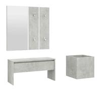 Juego de pasillo gris cemento madera multicapa con banco, espejo | Banco con cajón, perchero de pared, macetero para plantas, montaje incluido, estilo moderno