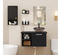 Juego de piel de baño de 71 cm, armario de lavabo montado en la pared con estantes, espejo y grifo incluidos, color marrón para baños modernos