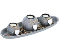 Juego de portavelas para velas pequeñas con bandeja y piedras decorativas, 38 cm de largo, ideal para velas tipo "tealight", decoración de mesa, color gris/blanco
