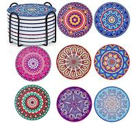 Juego de posavasos Mandala de 8, posavasos redondos de cerámica con soporte. Juego de posavasos absorbentes con base antideslizante de corcho y almohadilla de taza de cerámica y piedra para tazas