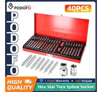 Juego de Puntas de Impacto Podofo de 1/2 y 3/8 Pulgadas, Hexagonales, Torx, Spline, 40 Piezas, con Estuche, para Reparación de Automóviles