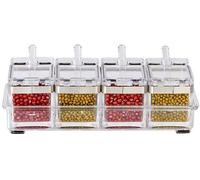 Juego de recipientes transparentes para especias Unyqoos® fabricados en PS con borde de acero inoxidable 304, 4 cucharones, bandeja antideslizante y juntas de sellado negras. Cada recipiente mide 8x6x
