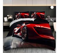 Juego de Ropa de Cama 240x220 cm, Rojo Suave, Lisa y Cómoda | Funda Nórdica 3 Piezas en Microfibra PatróN de Coche Deportivo Moderno En 3d Transpirable, Duradera y con Cremallera