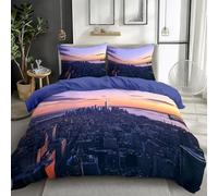 Juego de ropa de cama de 155 x 220 cm, vista aérea de la ciudad de Nueva York al atardecer, reversible, con estampado 3D, microfibra, funda nórdica y 2 fundas de almohada de 80 x 80 cm con cremallera