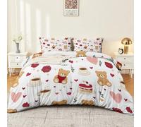 Juego de ropa de cama de 180 x 200 cm, color blanco, romántico día de San Valentín con oso de peluche, suave microfibra, funda nórdica para niños y niñas y adolescentes con 2 fundas de almohada de 80