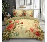 Juego de ropa de cama de 220 x 240 cm, diseño retro de flores, estampado 3D, fácil cuidado, juego de ropa de cama de 3 piezas, poliéster y algodón con cremallera, adecuado para alérgicos, color gris