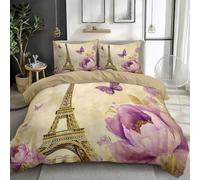 Juego de ropa de cama de 220 x 240 cm, diseño retro de la Torre Eiffel, reversible, estampado 3D, microfibra, funda nórdica y 2 fundas de almohada de 80 x 80 cm con cremallera, color crema
