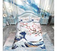 Juego de ropa de cama de flores de cerezo, elegante funda de edredón para niños, niñas y mujeres, decoración de olas del océano, funda de edredón rosa japonesa Ukiyoe con 2 fundas de almohada, ropa d