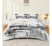 Juego de ropa de cama estilo americano minimalista de 200 x 200 cm, diseño de silueta de playa, cabaña de paja, funda nórdica suave de microfibra blanca reversible y 2 fundas de almohada de 80 x 80 cm
