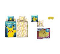 Juego de ropa de cama infantil de Pokémon para cama individual, diseño de Pikachu, juego de 4 piezas: nórdica reversible 140x200 cm + de almohada 63x63 cm + cojín 30x30 cm + antifaz