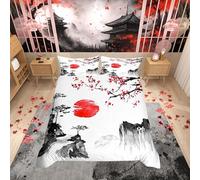 Juego de ropa de cama japonesa Ukiyoe con diseño de flores de cerezo, sol rojo, funda de edredón para niños, estilo exótico japonés, lino, ropa de cama de 3 piezas, tamaño individual