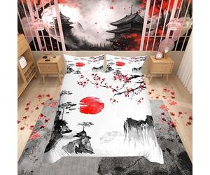 Juego de Ropa de Cama Japonesa Ukiyoe con diseño de Flores de Cerezo, Sol Rojo, Funda de edredón para niños, Estilo exótico japonés, Lino, 200x200cm Ropa de Cama de 3 Piezas, tamaño
