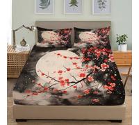 Juego de Ropa de Cama para Niños y Adolescentes 135x190 cm FantasíA Acuarela Luna Llena Cerezos En Flor Sábana Bajera Bolsillo Profundo 30 cm Oscuro Respirable Antiarrugas Funda de Colchón Sábana