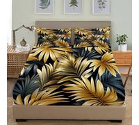 Juego de Ropa de Cama Para Niños y Adolescentes 150x190 cm Tropical Selva Hojas De PalmeraMicrofibra Sábana Bajera Bolsillo Profundo 30 cm Oro Individual Respirable Antiarrugas Funda de Colchón Sábana