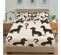 Juego de Ropa de Cama para Niños y Adolescentes 160x200 cm Lindo Animal Perro Salchicha Silueta Sábana Bajera Bolsillo Profundo 30 cm Beige Matrimonial Respirable Antiarrugas Funda de Colchón Sábana