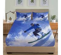Juego de Ropa de Cama para Niños y Adolescentes 90x190 cm Deportes Tema del EsquiadorMicrofibra Sábana Bajera Bolsillo Profundo 30 cm Azul Individual Respirable Antiarrugas Funda de Colchón Sábana