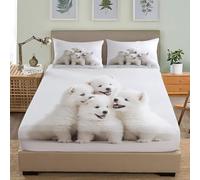 Juego de Ropa de Cama para Niños y Adolescentes 90x190 cm Samoyedo Cachorro FamiliaMicrofibra Sábana Bajera Bolsillo Profundo 30 cm Blanco Individual Respirable Antiarrugas Funda de Colchón Sábana