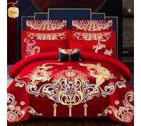 Juego de ropa de cama tradicional china de color rojo asiático, juego de funda de edredón bordado de dragón y pájaro fénix para boda, decoración de dormitorio de lujo (E, King, 6 piezas)