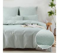 Juego de sábanas con diseño a rayas Unyqoos® de 200 x 200 cm – 100% algodón lavado, incluye 2 fundas de almohada, cierre con cremallera oculto y 4 cintas de sujeción en las esquinas