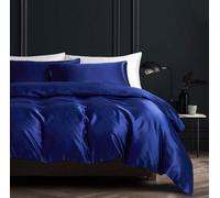 Juego de sábanas de microfibra satinada Unyqoos® de lujo, 220 x 240 cm, color azul oscuro – incluye 2 fundas de almohada de 80 x 80 cm, con cierre de cremallera y 4 cintas de sujeción en las esquinas