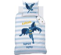 Juego de sábanas Unyqoos® Batman, 140 x 200 cm, para cama individual, 100% algodón, con estampado a rayas y motivos de Batman, incluye funda de almohada de 63 x 63 cm, lavable a 40°C, apto para secado