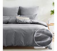 Juego de sábanas Unyqoos® de 200 x 200 cm – 100% algodón lavado, a rayas, color azul oscuro, incluye 2 fundas de almohada, cierre con cremallera invisible, 4 cintas de sujeción en las esquinas, certif