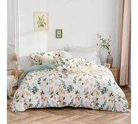 Juego de sábanas Unyqoos® de 200 x 200 cm, 100% algodón lavado, con tacto similar al lino lavado, estampado floral, cierre con cremallera invisible, 4 fundas para esquinas, cubiertas de botones de mad